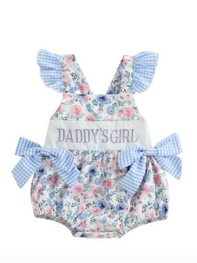 Daddy's Girl Floral Baby Romper with Blue Gingham Bows
